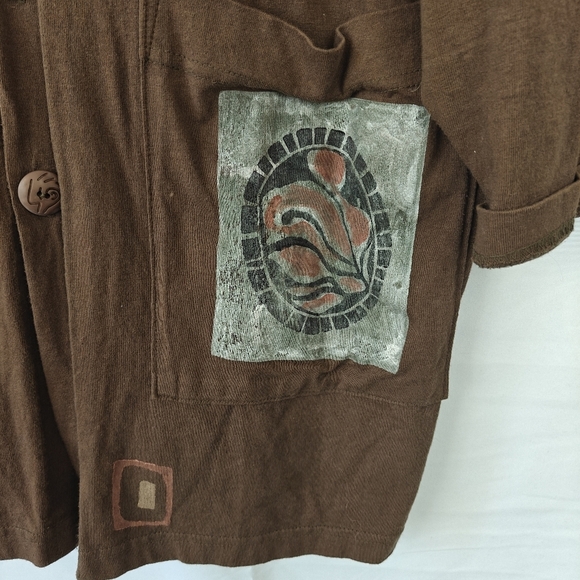VTG Rare Blue Fish Hand Painted Cotton Brown Button Up Jacket Size 2 Women's - Picture 4 of 15